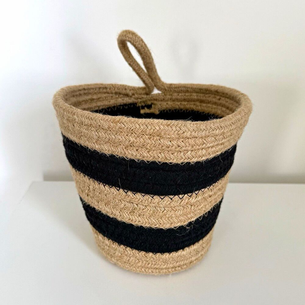 Jute Woven Storage Basket Black Stripe Natural Farmhouse Boho Home Decor